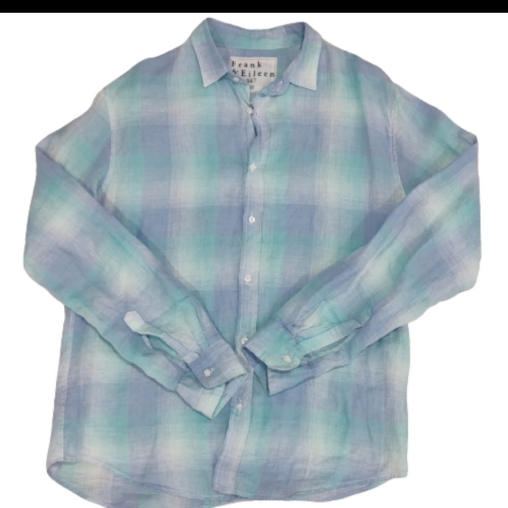 Frank & Eileen Paul Shirt 100% Linen Purple Aqua Turquoise Plaid Check Size M